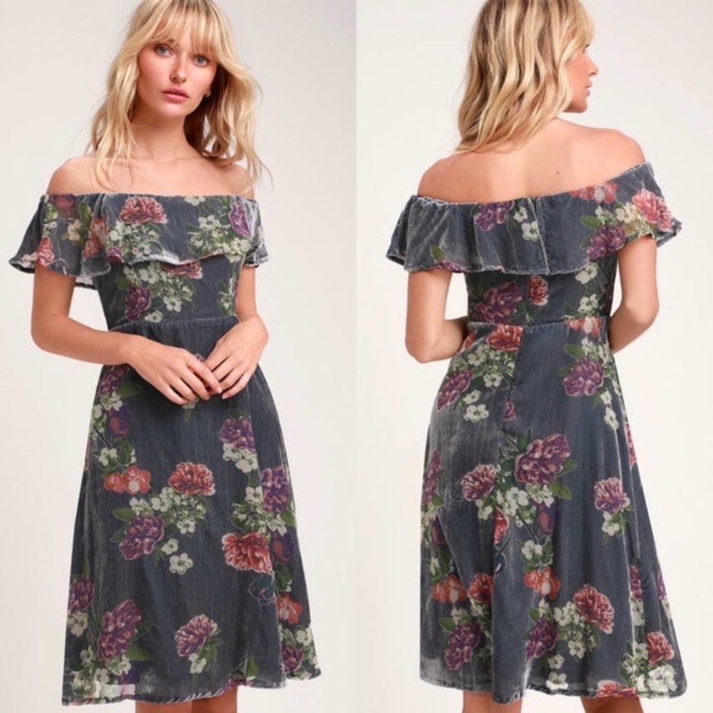 NWT Lulus Clarita Grey Burnout Velvet Floral Print Off-the-Shoulder Dress